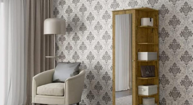 Sapateira com espelho e prateleiras laterais encanta a decoração do quarto