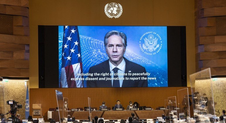 Antony Blinken em discurso transmitido em sessão do Conselho de Direitos Humanos da ONU