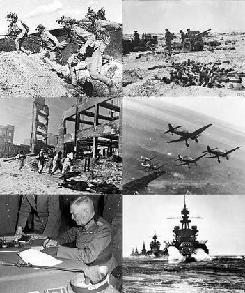 Segunda Guerra Mundial (1939-1945) - Começou a partir da invasão da Polônia pela Alemanha Nazista. De um lado, os Aliados liderados por Reino Unido, União Soviética e EUA; de outro, o Eixo, formado por Alemanha, Itália e Japão.  