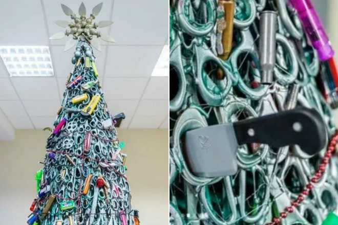 Os seguranças do aeroporto de Vilnius, capital da Lituânia, montaram uma árvore de Natal no local com itens confiscados de passageiros antes do embarque