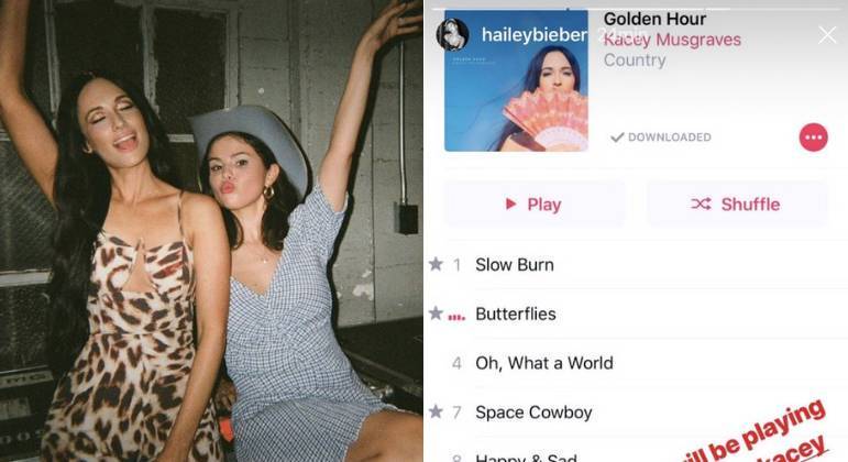 Gosto musical idênticoSempre que Selena Gomez vai ao show de um artista ou compartilha que está ouvindo determinada música, Hailey Bieber compartilha a mesma canção logo em seguida. Quando a atriz se encontrou com Kacey Musgraves, a mulher de Justin postou um story em que escutava o álbum Golden Hour, de Kacey, e a marcou no Instagram. A mesma coisa aconteceu com cantores como Lewis Capaldi e Sabrina Claudio