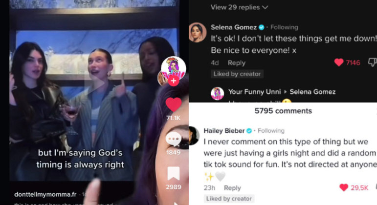 Em outro TikTok, uma internauta mostrou outra suposta indireta de Hailey para Selena. No vídeo, a modelo estava acompanhada de duas amigas, sendo uma delas Kendall Jenner, irmã de Kylie. Elas dublaram um áudio que dizia 