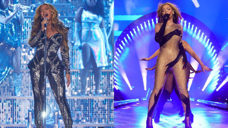 MacacõesPopularizados pela marca francesa Mugler, Beyoncé trouxe duas versões exclusivas e luxuosas. O primeiro é um modelo assinado pela Loewe, na cor creme, com estampa de mãos e cravejado de cristais. O segundo é um Alexander McQueen, bordado em pedras e paetês, em prata e preto