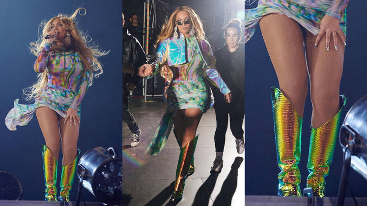 Botas CaubóiEm alta desde o último verão norte-americano, as botas de cano alto estilo western (ou caubói) também marcaram presença nos shows de Queen B. O modelo escolhido foi um de couro holográfico da grife britânica David Koma London