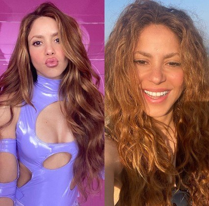 Shakira recebeu vários elogios dos seguidores no Instagram ao publicar uma selfie — à direita — em que aparece na praia, com os cabelos ao vento e sem maquiagem: a beleza realçada apenas pela luz do dia. 