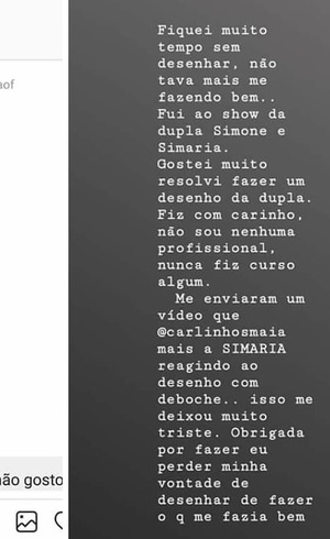 Post da fã que fez o desenho