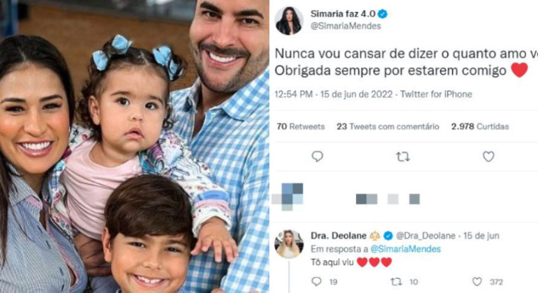 Em meio à polêmica, Simone tem se apoiado nos filhos e no marido. Enquanto Simaria agradeceu aos fãs pelo carinho, através do Twitter, onde recebeu uma mensagem de Deolane Bezerra: 