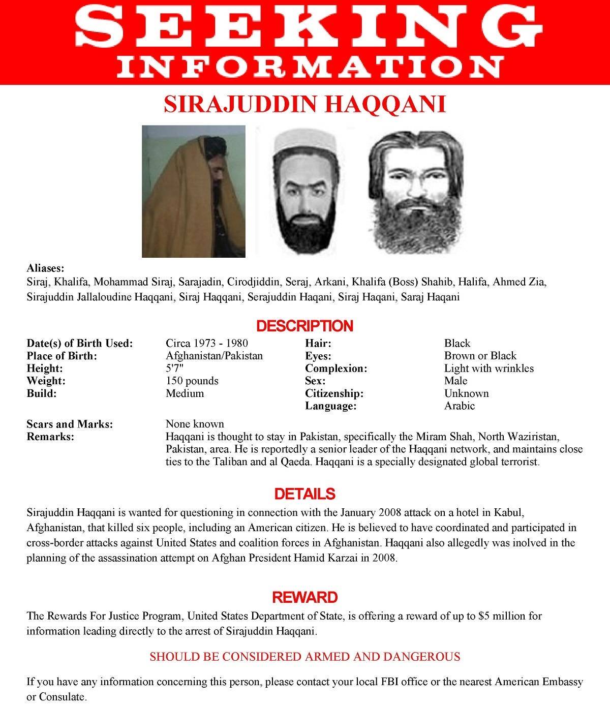 O pôster de procurado emitido pelo FBI para Sirajuddin Haqqani 