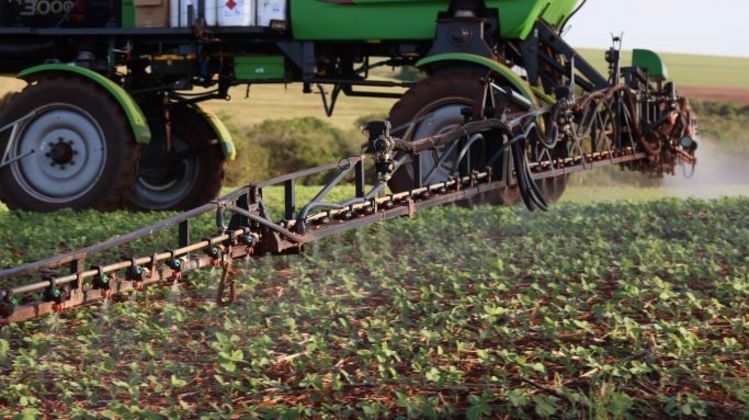 Produtor rural faz aplicação de herbicida em plantação de soja, em desenvolvimento, no município de Corbélia, na Região Oeste do Paraná 
