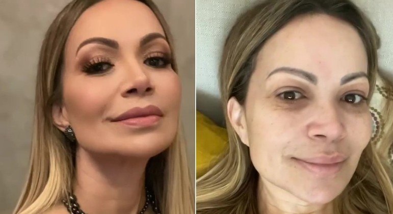 Solange Almeida mostrou fotos em que aparece toda produzida e depois natural