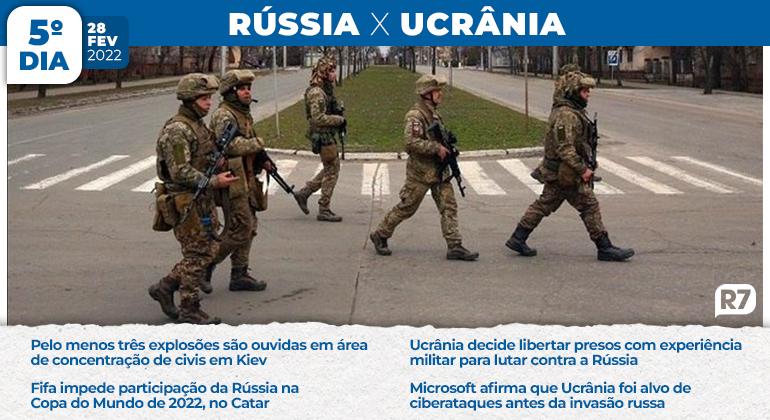 Soldados ucranianos fazem ronda em meio a ruas desertas. No quinto dia de conflito, a Fifa anuncia a expulsão da Rússia da Copa do Mundo de 2022, no Catar, e a Ucrânia decide libertar presos com experiência militar para lutar contra a Rússia