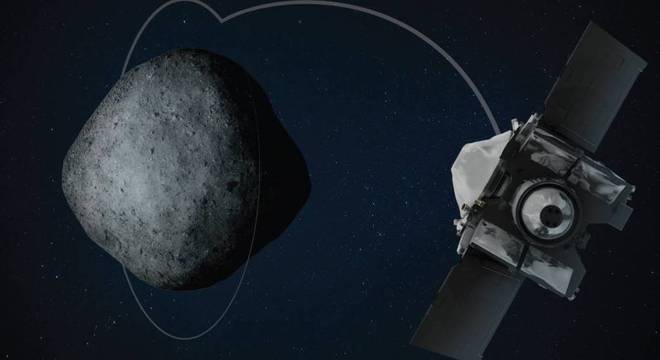 Ilustração da sonda orbitando no asteroide Bennu realizado pela NASA
