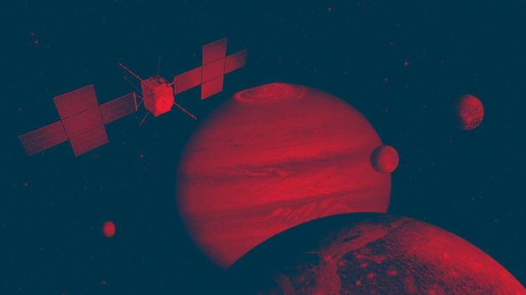 A missão Juice, que tem essa arte acima como símbolo, foi lançada em um foguete Ariane 5, do espaçoporto da Europa em Kourou (na Guiana), em 14 de abrilLEIA MAIS: SpaceX, de Elon Musk, perde ao menos R$ 10 bilhões com explosão do Starship; veja fotos até desastre