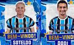 GrêmioQuem chega: Soteldo (empréstimo — Santos); Dodi (Santos)Quem sai: Luis Suárez (final de contrato); Iturbe (Cerro Porteño — PAR); Bruno Alves (fim de contrato); Gustavinho (fim de contrato); Luan (fim de contrato)