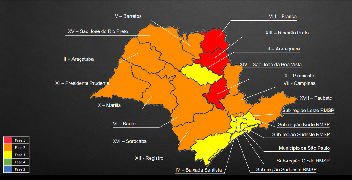 Mapa mostra a situação de cada região do estado de São Paulo até 31 de julho