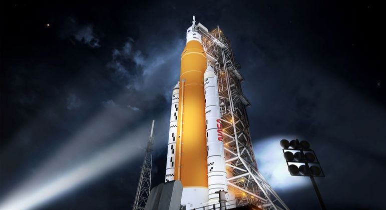 Ilustração oficial da Nasa do seu Space Launch System