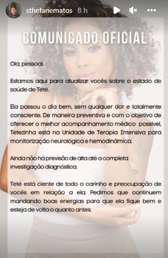 Comunicado emitido pela equipe de Sthefane Matos
