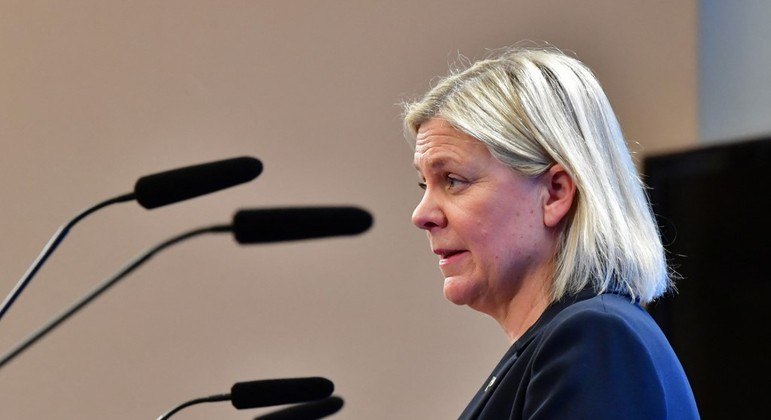 Primeira-ministra da Suécia, Magdalena Andersson, durante discurso em novembro