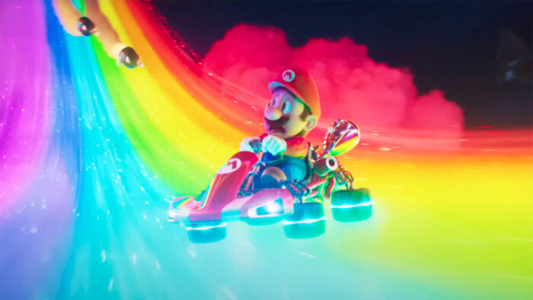 Bem, há uma sequência inteira de
perseguição de karts que é, obviamente, uma homenagem/citação à série de jogos
Mario Kart. Tem casca de banana, cascos de tartaruga, bombas e tudo o mais que se vê no game de corrida do encanador italiano. Tem até a estrada de arco-íris