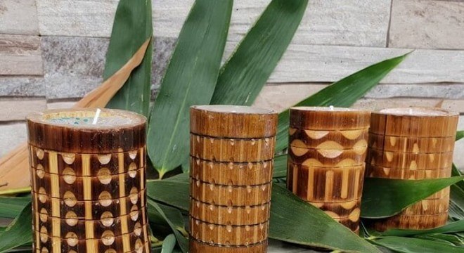 Suporte para vela feito de artesanato com bambu