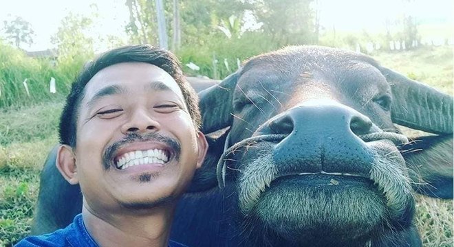 Surat com Thong Kham: agricultor conseguiu doações de fãs virtuais para comprar seu amigo búfalo