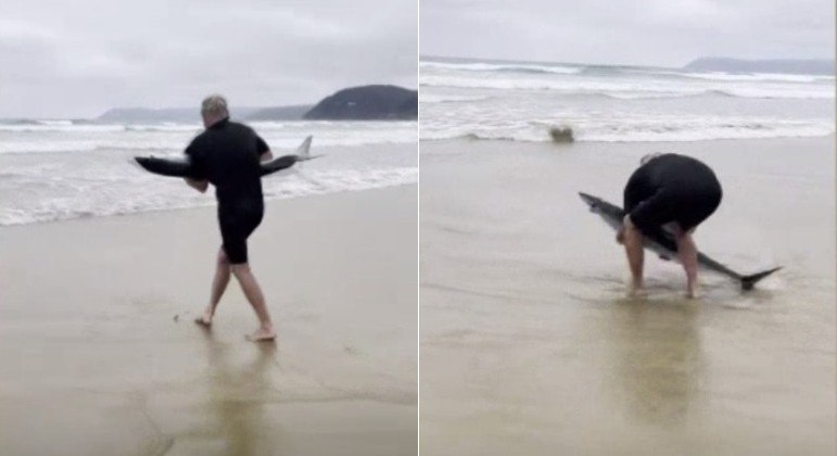Surfista deu colo a tubarão para devolvê-lo ao mar, na Austrália