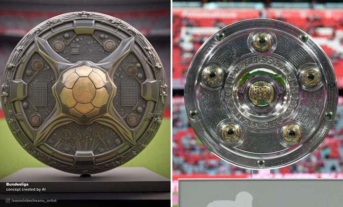 Taça da Bundesliga, o Campeonato Alemão, feita por IA (à esquerda) e a taça original (à direita)