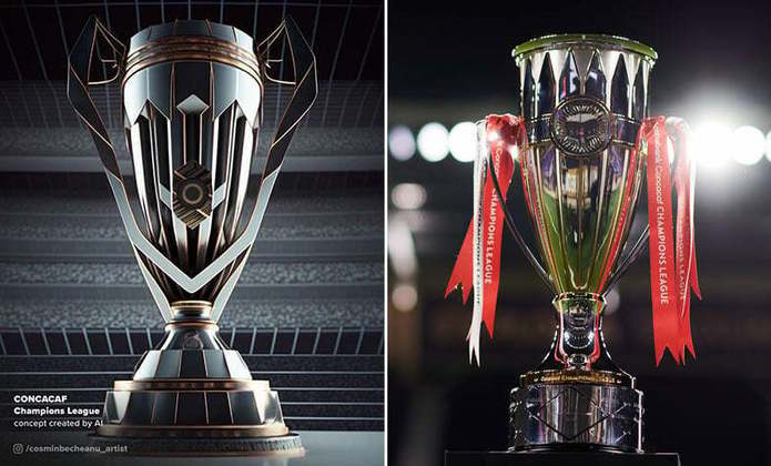 Taça da CONCACAF Champions League feita por IA (à esquerda) e a taça original (à direita)