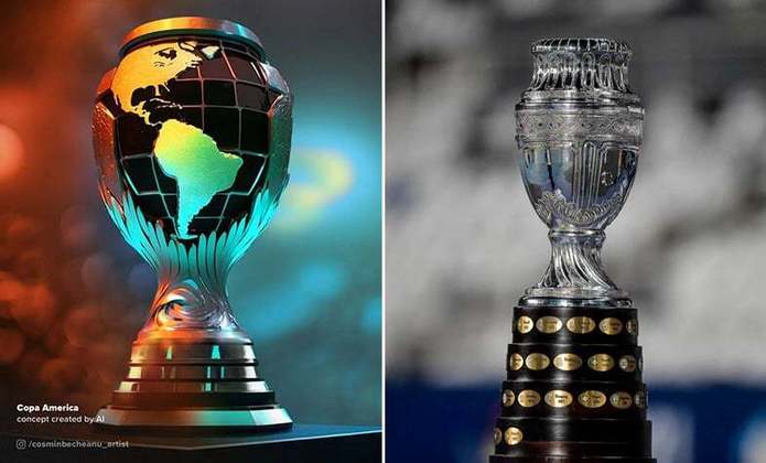 Taça da Copa América feita por IA (à esquerda) e a taça original (à direita)