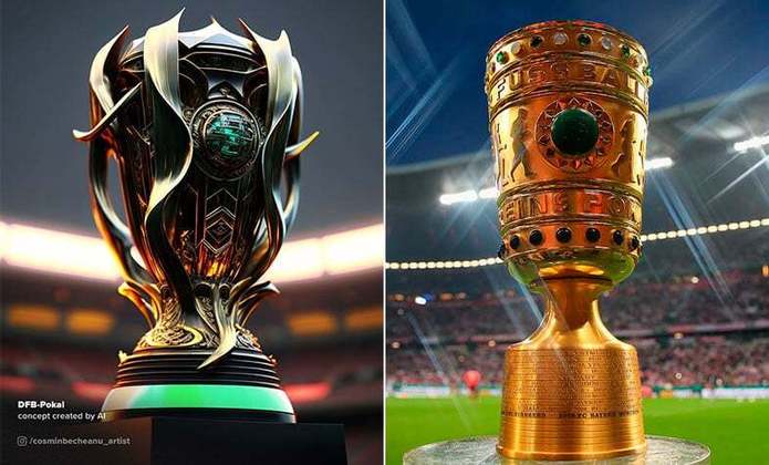 Taça da Copa da Alemanha feita por IA (à esquerda) e a taça original (à direita)