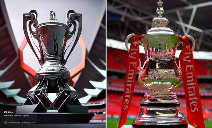 Taça da Copa da Inglaterra (FA Cup) feita por IA (à esquerda) e a taça original (à direita)