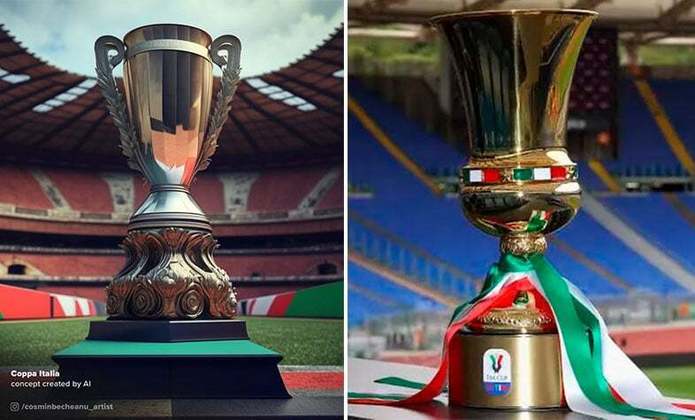 Taça da Copa da Itália feita por IA (à esquerda) e a taça original (à direita)