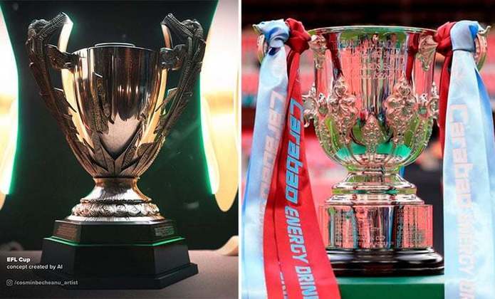 Taça da Copa da Liga Inglesa feita por IA (à esquerda) e a taça original (à direita)
