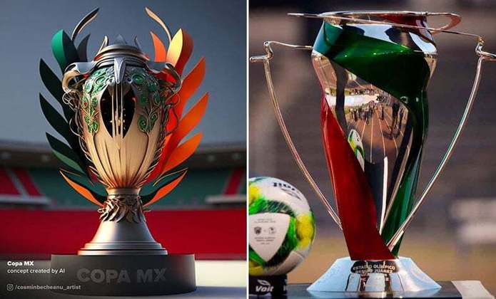 Taça da Copa do México feita por IA (à esquerda) e a taça original (à direita)