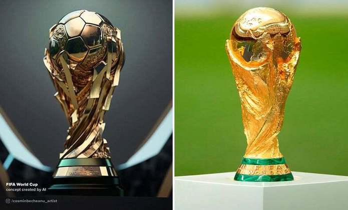 Taça da Copa do Mundo da FIFA feita por IA (à esquerda) e a taça original (à direita)