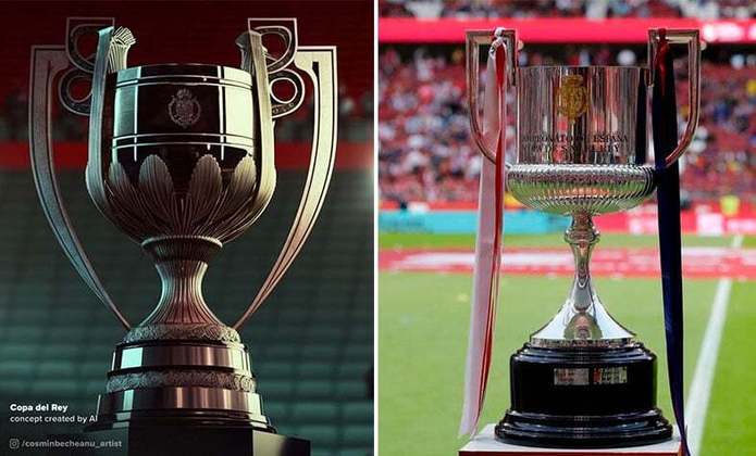 Taça da Copa do Rei da Espanha feita por IA (à esquerda) e a taça original (à direita)