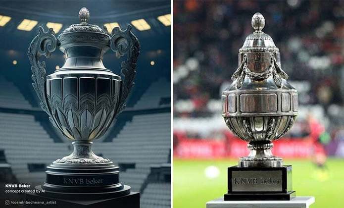 Taça da Copa dos Países Baixos feita por IA (à esquerda) e a taça original (à direita)