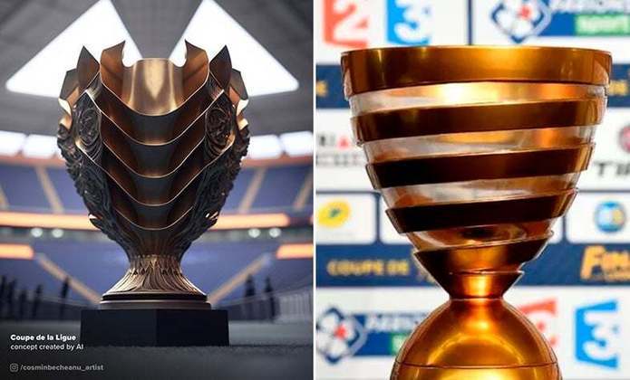 Taça da Copa Liga Francesa feita por IA (à esquerda) e a taça original (à direita)