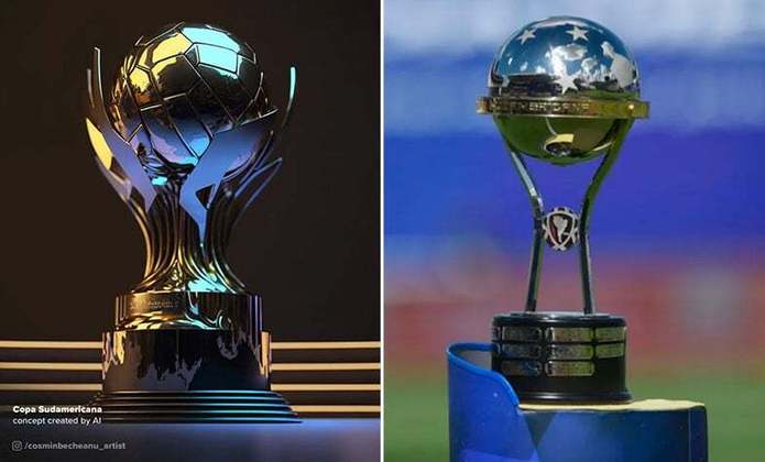 Taça da Copa Sul-Americana feita por IA (à esquerda) e a taça original (à direita)