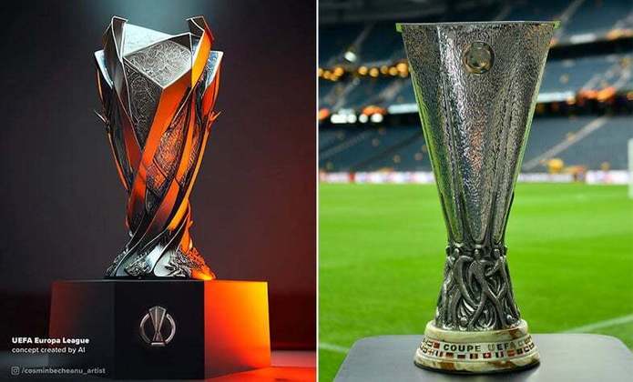 Taça da Europa League feita por IA (à esquerda) e a taça original (à direita)