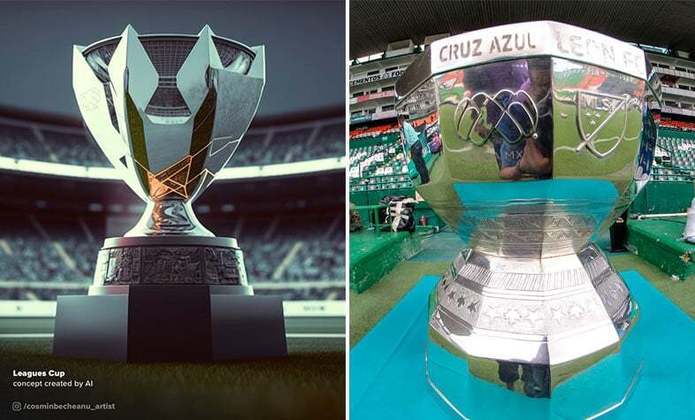Taça da Leagues Cup, competição entre equipes da MLS e do México, feita por IA (à esquerda) e a taça original (à direita)