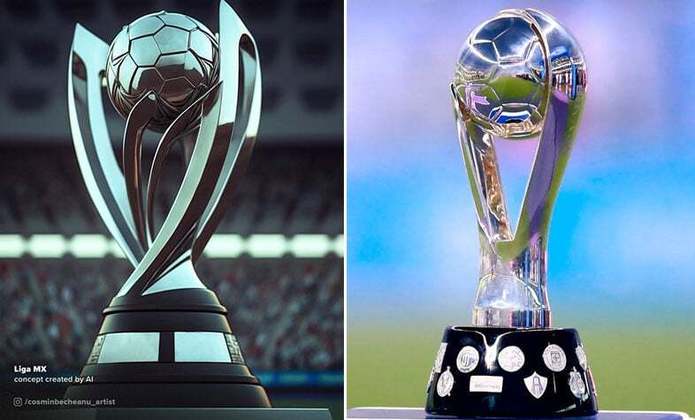 Taça da Liga MX, a primeira divisão mexicana, feita por IA (à esquerda) e a taça original (à direita)