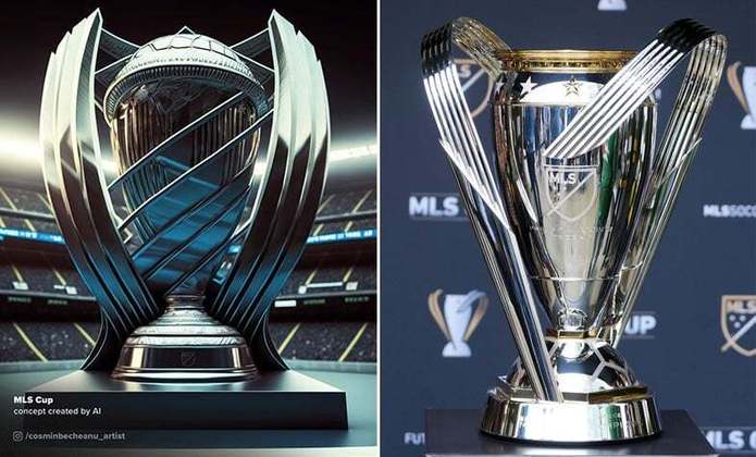 Taça da MLS Cup feita por IA (à esquerda) e a taça original (à direita)
