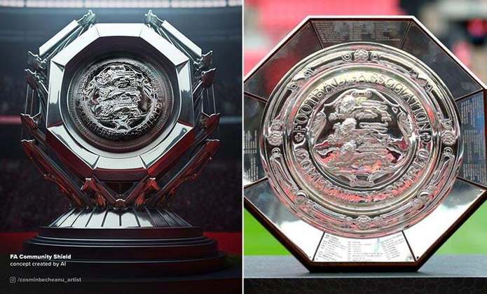 Taça da Supercopa da Inglaterra feita por IA (à esquerda) e a taça original (à direita)