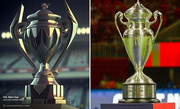Taça da U.S. Open Cup, a Copa dos Estados Unidos, feita por IA (à esquerda) e a taça original (à direita)