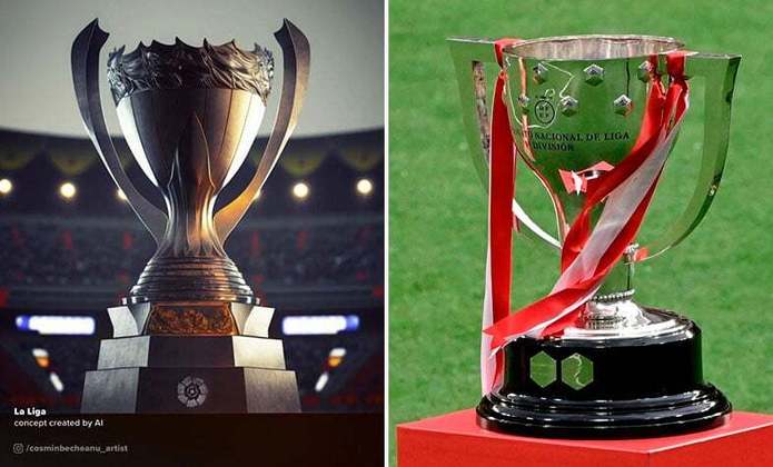 Taça de La Liga (Campeonato Espanhol) feita por IA (à esquerda) e a taça original (à direita)