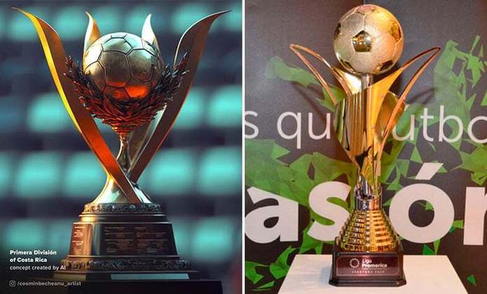 Taça do Campeonato Costa-Riquenho feita por IA (à esquerda) e a taça original (à direita)