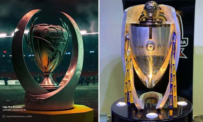 Taça do Campeonato Equatoriano feita por IA (à esquerda) e a taça original (à direita)