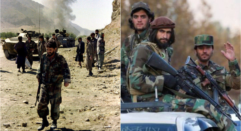 Soldados do Talibã em 1995 (à esq.) e 2021 (à dir.)