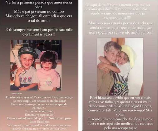 Também neste domingo (03/09), a atriz e irmã de Kayky, Stephany Brito, compartilhou fotos antigas do irmão e escreveu mensagens de apoio.